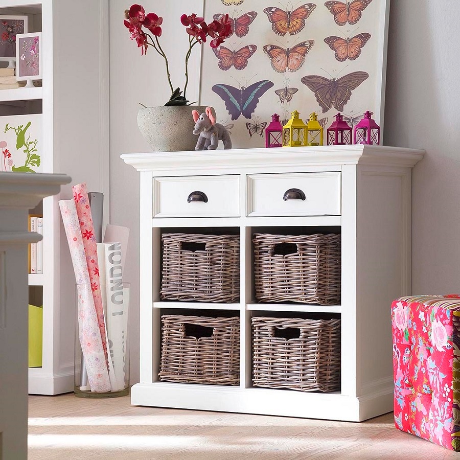 Coastal French White Small Sideboard with Baskets