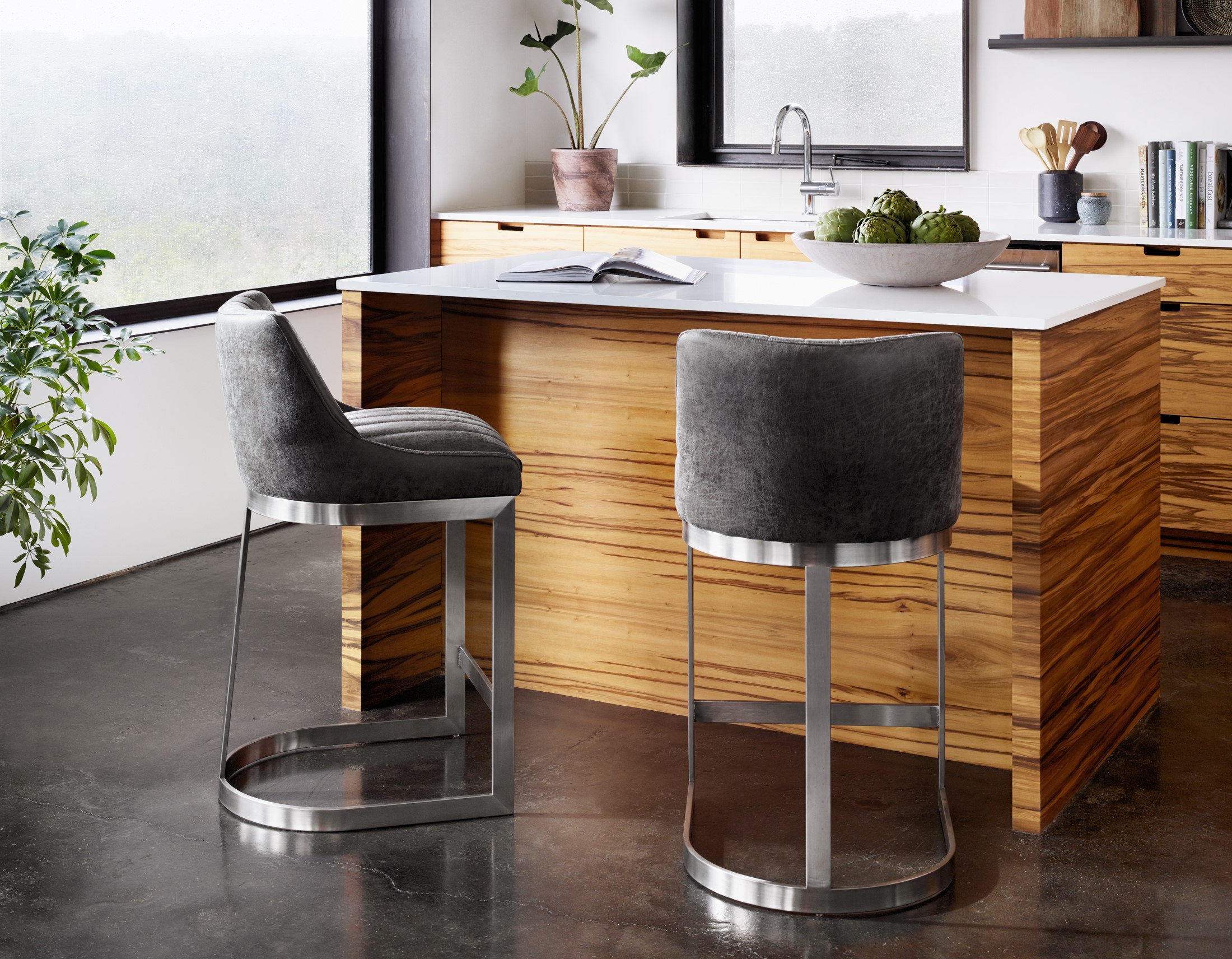 Rory Graphite Leather + Stainless Steel Bar Stool