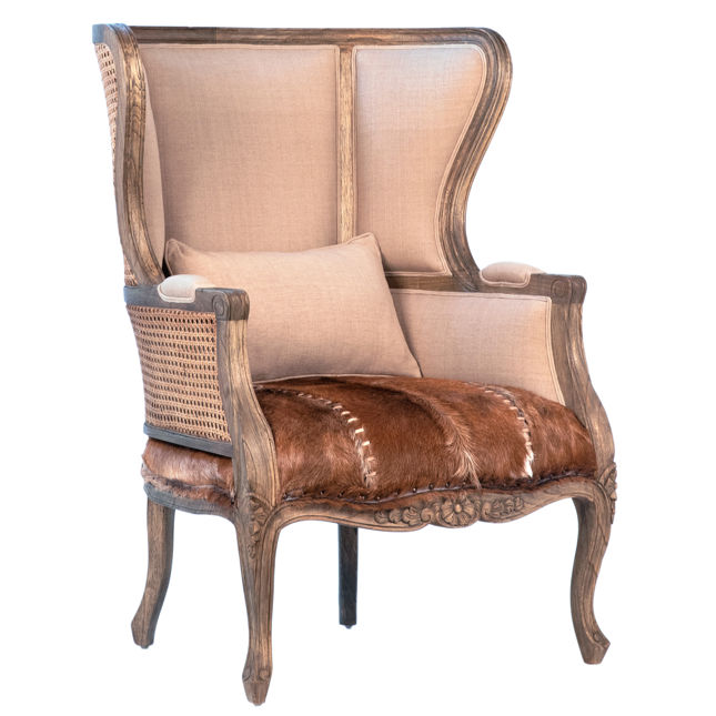 Baroque Woven Cane and Goat Hide Wingback Chair