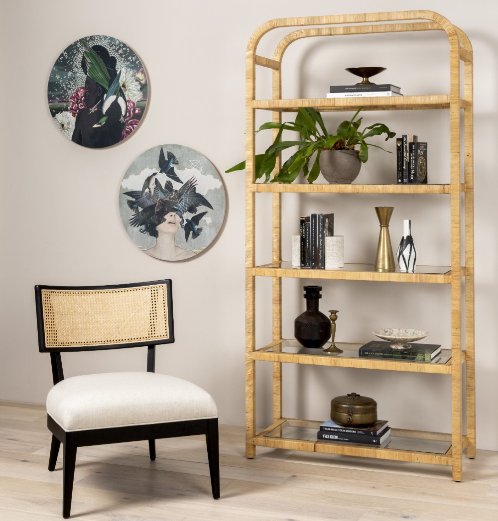 Palms Glass Shelf Honey Rattan Bookcase