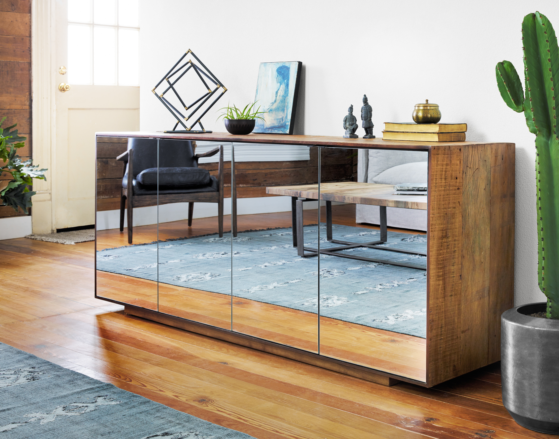 Betty Rustic Wood 4 Door Mirrored Sideboard Cabinet