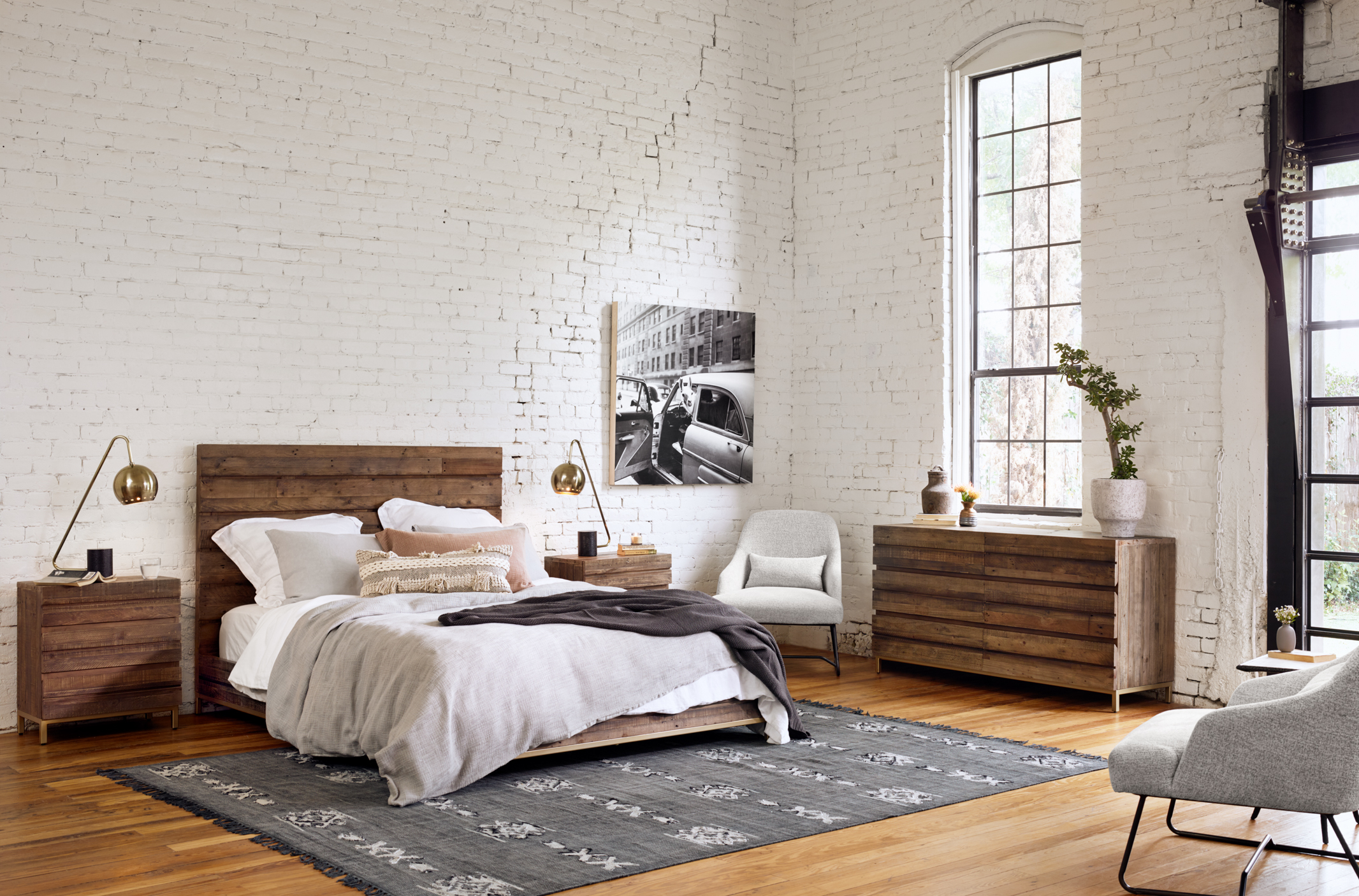 Tiller Brass & Reclaimed Wood Low Platform Bed - Queen